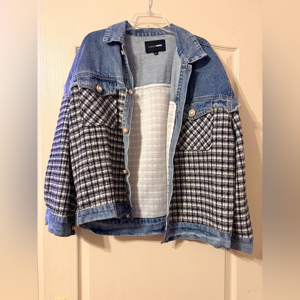 Fashion Nova Blue and Black Checkered Jean Jacket - XL